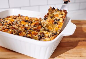 A baking pan with a casserole in it