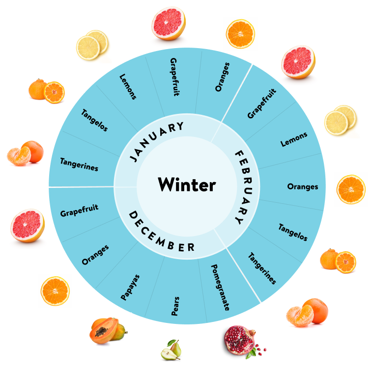 A winter fruit guide for December, January, and February detailing fruit freshness