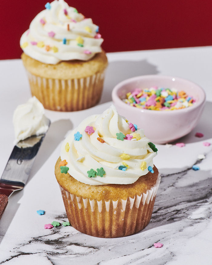 Raspberry cream cheese frosted cupcake