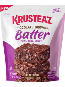 A package of Krusteaz Chocolate Brownie Batter with brownies on the front