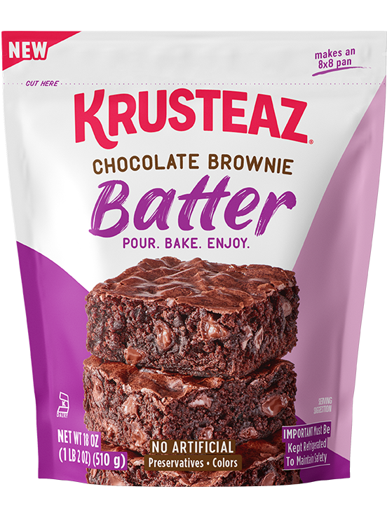 A package of Krusteaz Chocolate Brownie Batter with brownies on the front